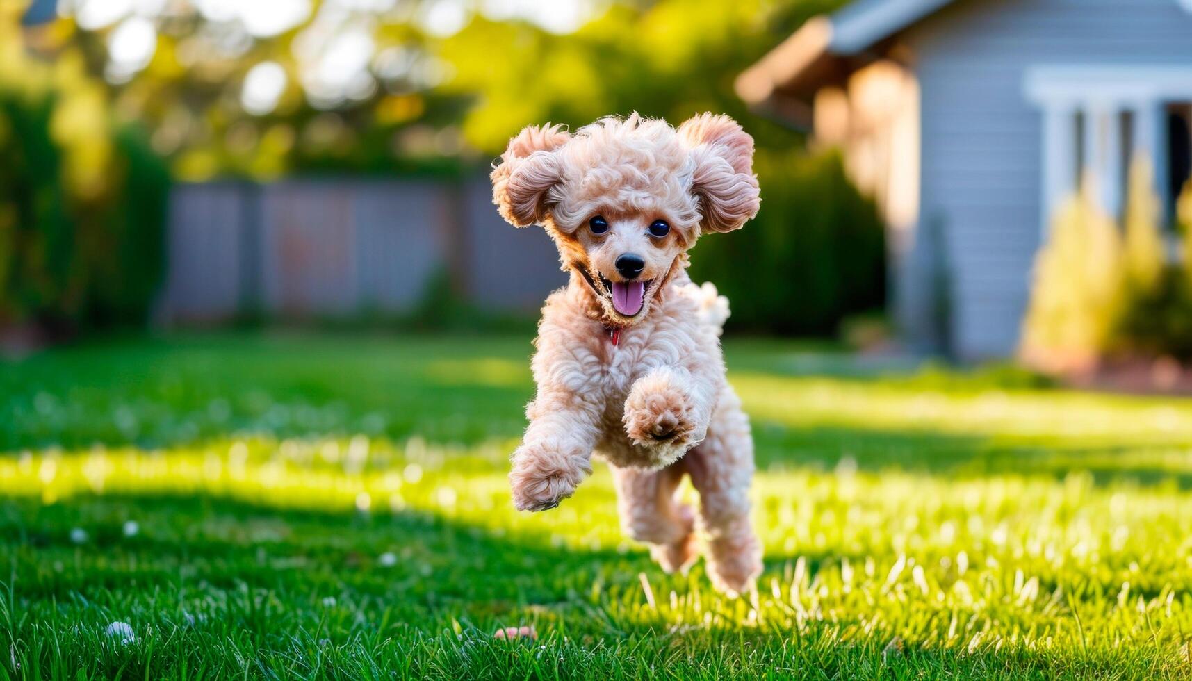 Cute poodle dog running on the lawn in the backyard of home in sunlight photo