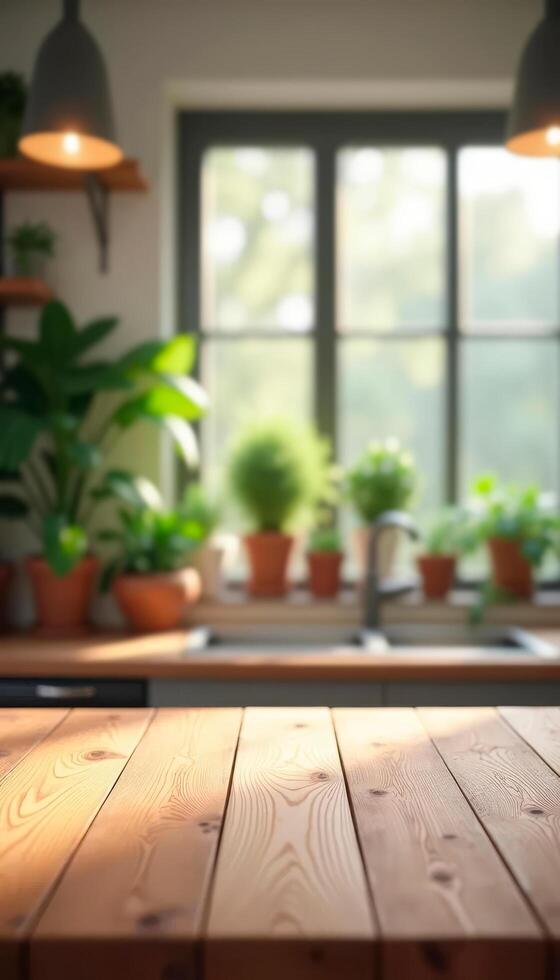 Empty wooden tabletop in front of blurred interior background for product display with copy space for text photo