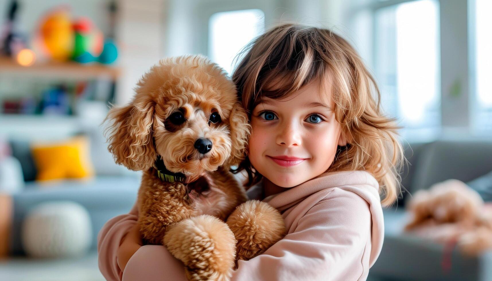Adorable little girl with toy poodle dog at home. Adorable child with pet at home photo