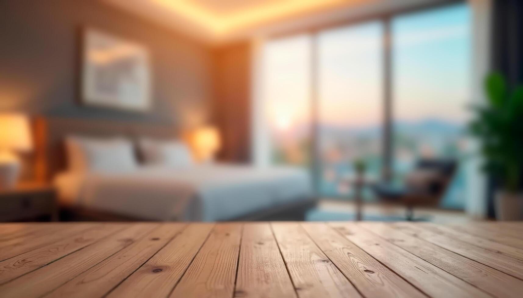 Wooden tabletop with blur bedroom background, product display montage photo