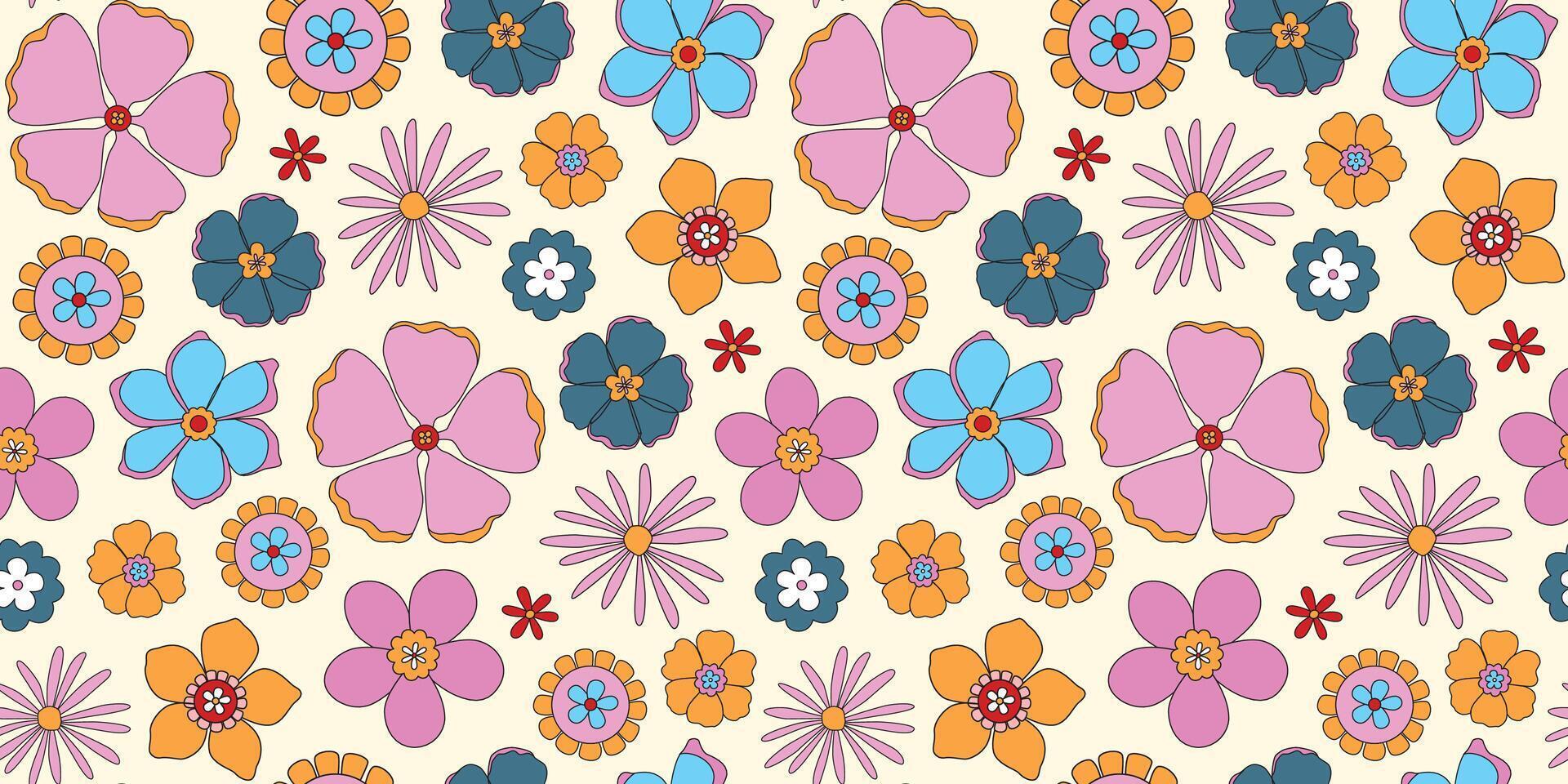 70s retro groovy floral seamless pattern. Flower power. Spring and summer meadow. Retro revival vibes. Background, digital paper, wallpaper. Vintage. . vector