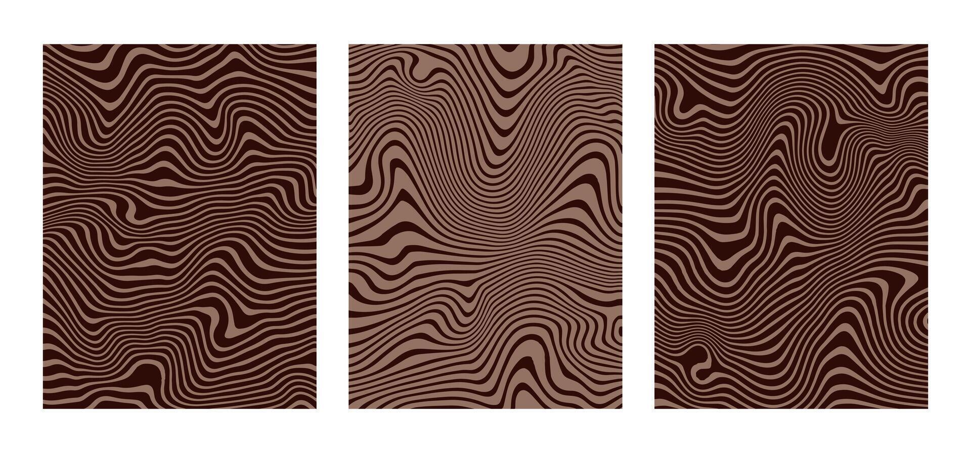Coffee liquify backgrounds. Mocca mousse. Modern abstract distorted posters, banners. Hypnotic wavy lines. Psychedelic acrylic texture. Hippie groovy swirls, spirals. Geometric placard template. vector