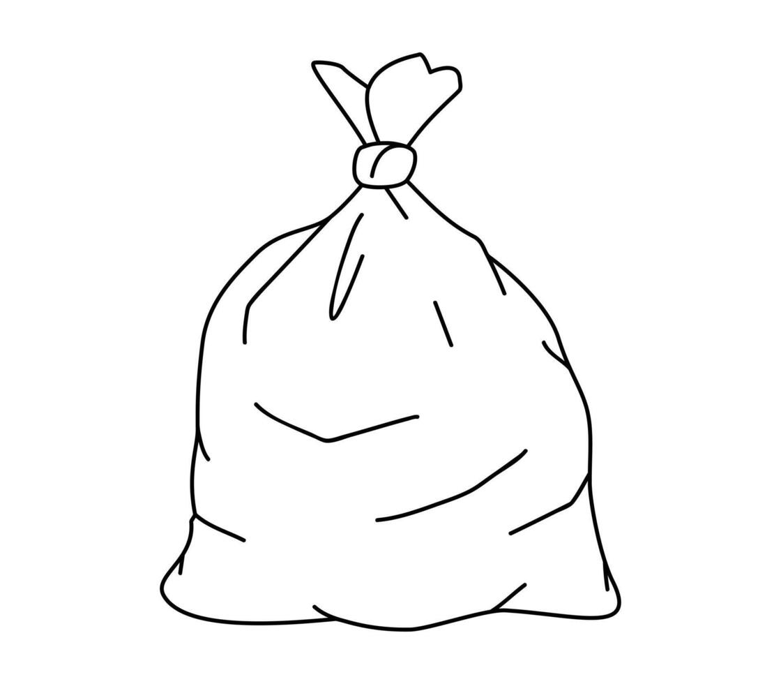 Hand drawn cute outline illustration of big garbage bag. Flat plastic package with trash, environmental pollution design in line art doodle style. Ecology sticker, icon. Isolated. vector