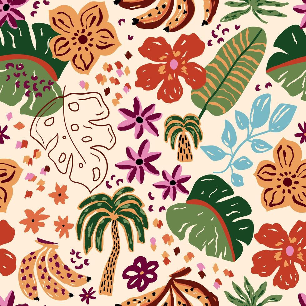 Tropical exotic flowers seamless pattern. Naive hand drawn flowers and leaves. Jungle bananas, hand painted palms, leopard spots. Summer vacation textile design, wallpaper, background, print. vector