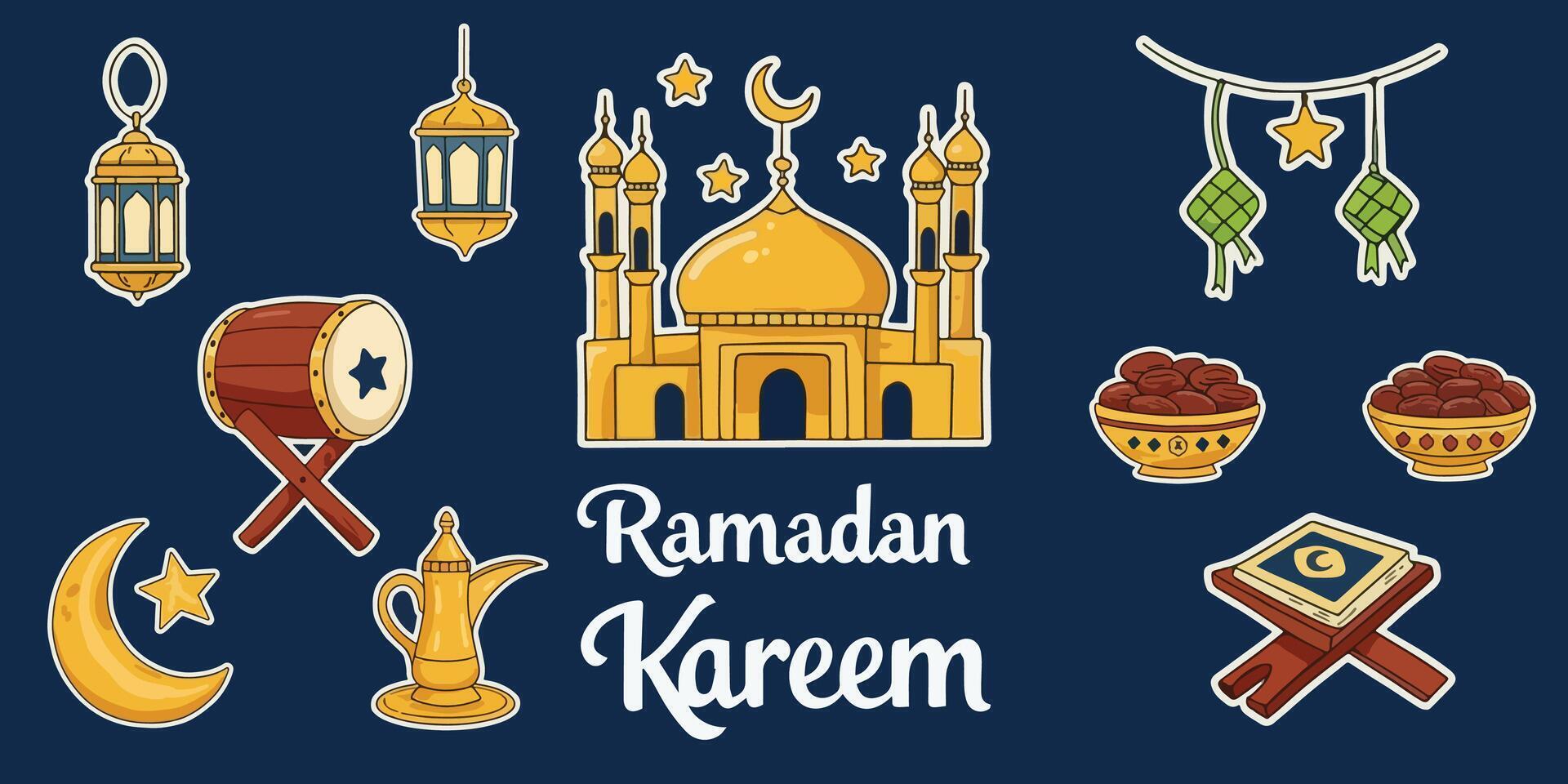 Set of Ramadan Kareem Iftar Stickers Pro Doodle. Eid Fitri Islamic vector