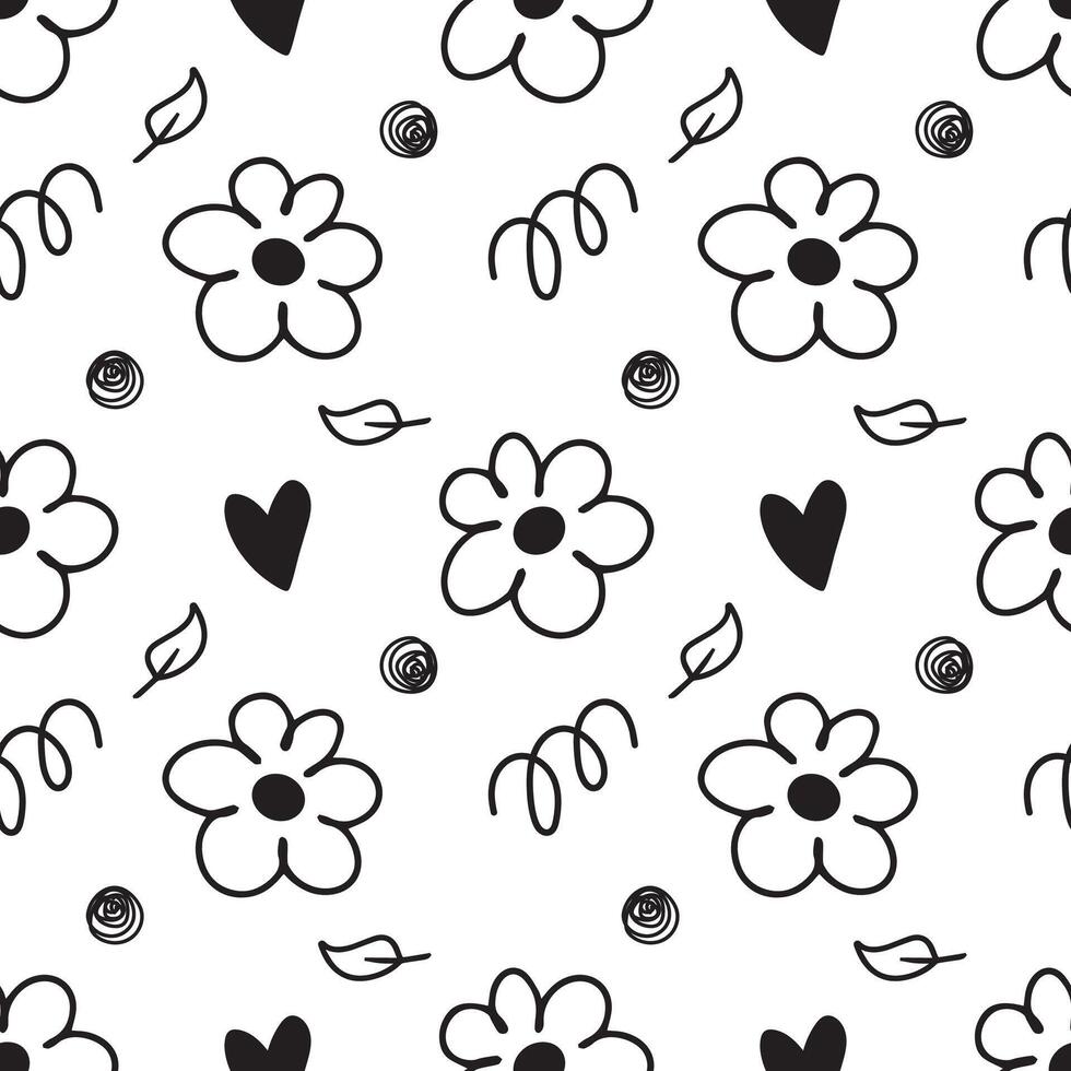 Abstract doodle flower line hand drawn cartoon with black line seamless pattern background for wrapping, nature and illustration vector