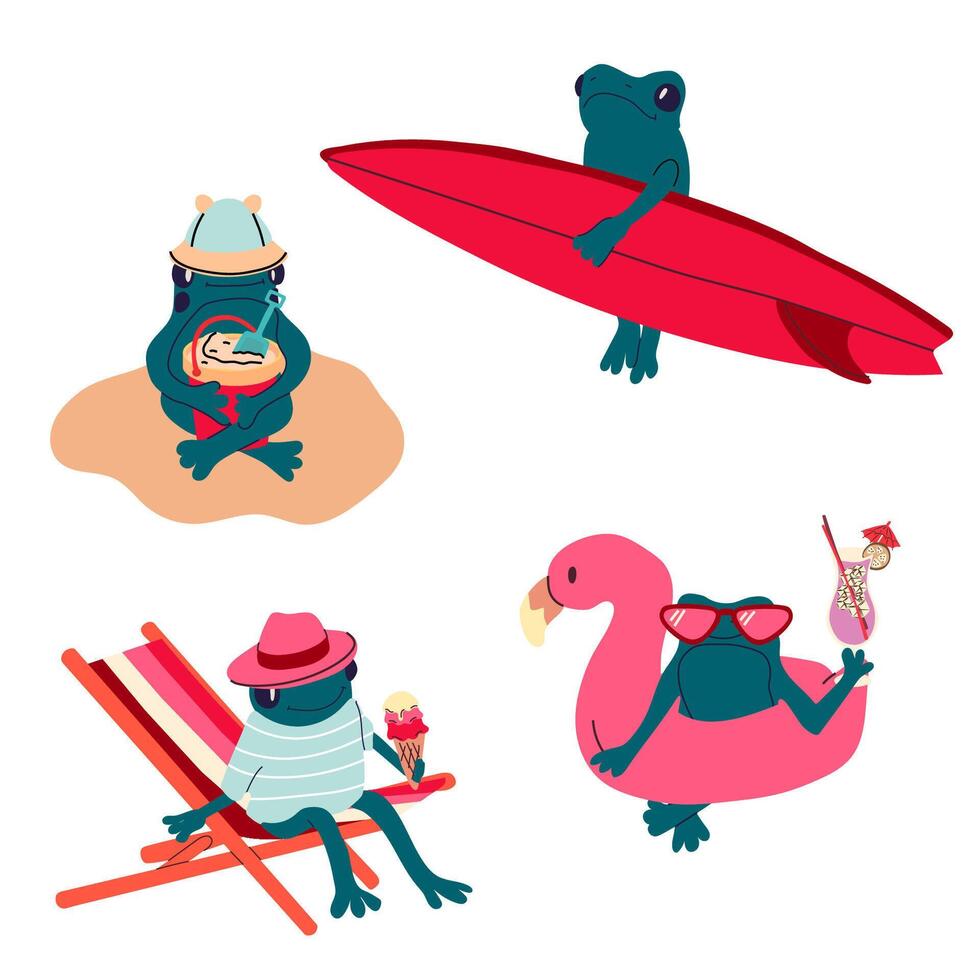 A set of four cartoon frogs in different beach poses, enjoying summer activities. vector