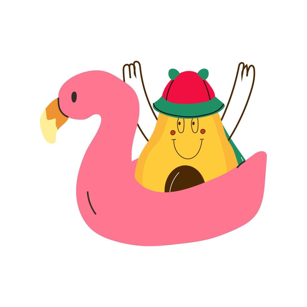 A cute cartoon avocado wearing adorable pajamas while floating on a flamingo inflatable ring vector