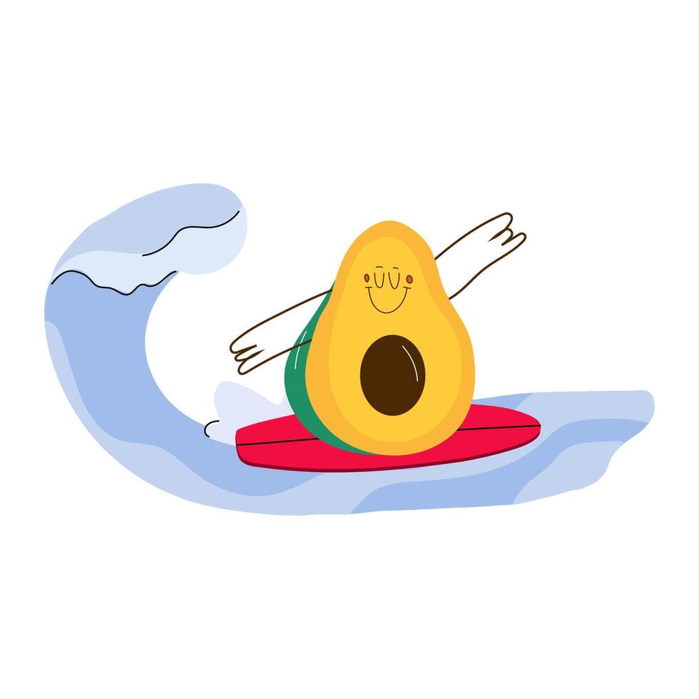 A cartoon avocado rides a surfboard on ocean waves, enjoying a fun and playful moment. vector