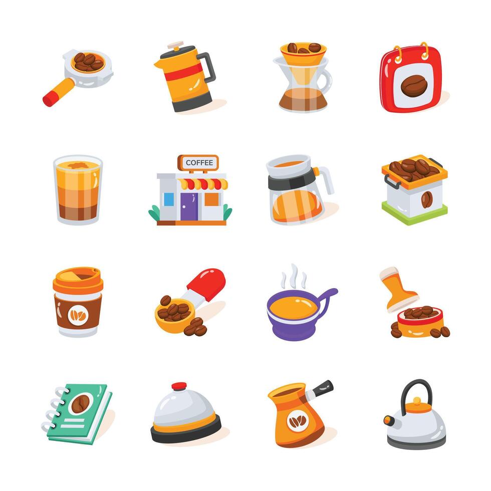 A collection of flat, cartoon style icons depicting various coffee- elated items and equipment vector