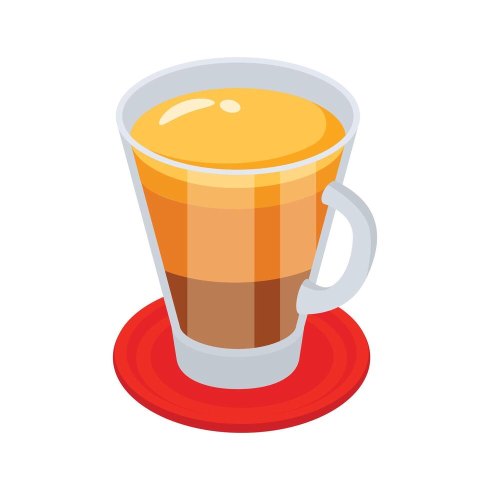 An eye catching icon of a layered coffee drink, likely a macchiato or similar, presented in a glass cup with a red coaster. vector
