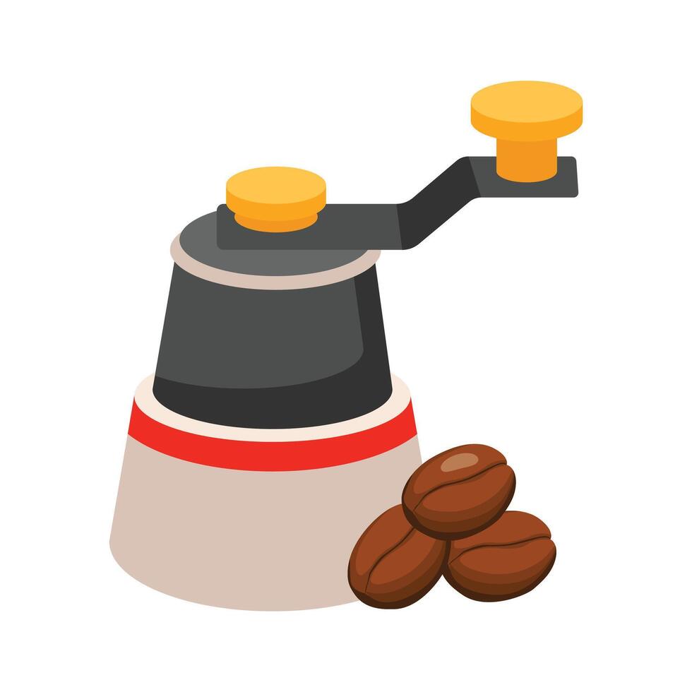 An illustration of a manual coffee grinder with a crank handle and coffee beans. vector