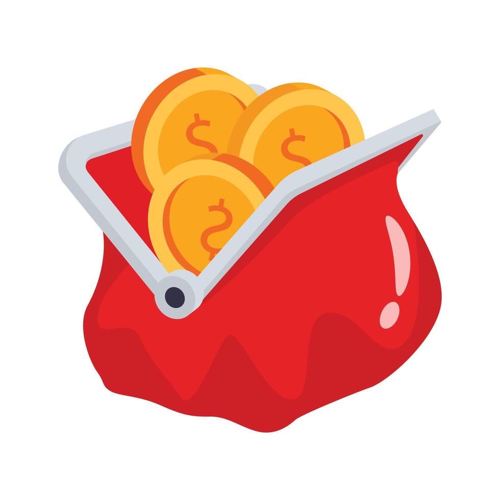 Money purse filled with coins, 3d style icon vector