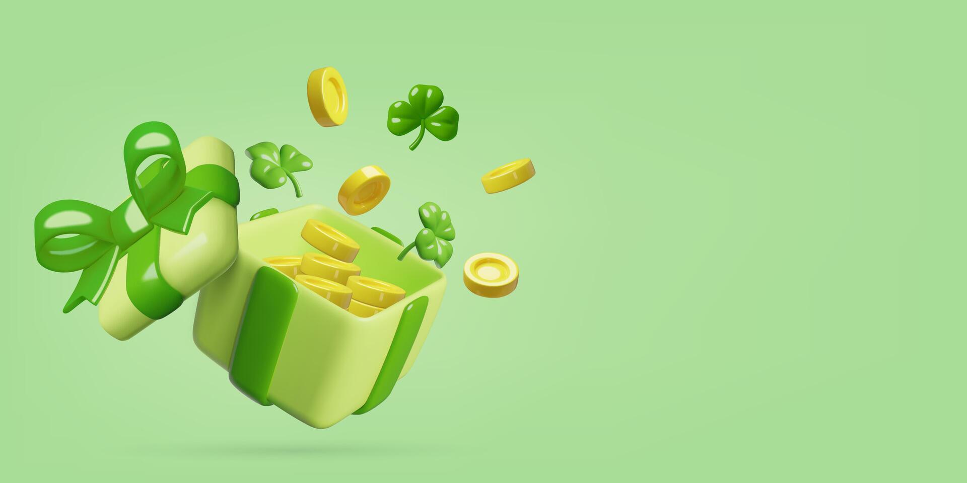 St. Patricks Day wealth and luck 3d background with opened green gift box shamrock and gold coins vector