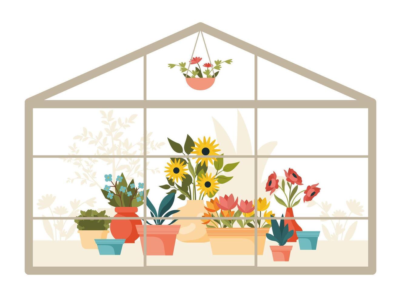 Greenhouse with Blooming Potted Flowers and Plants vector