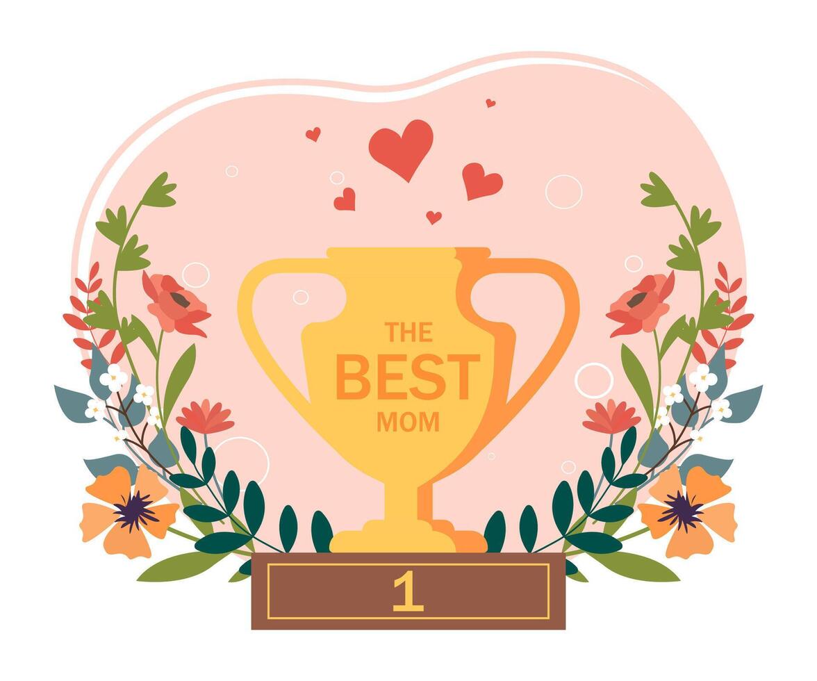 Best Mom Award Gold Trophy with Floral Decoration. vector