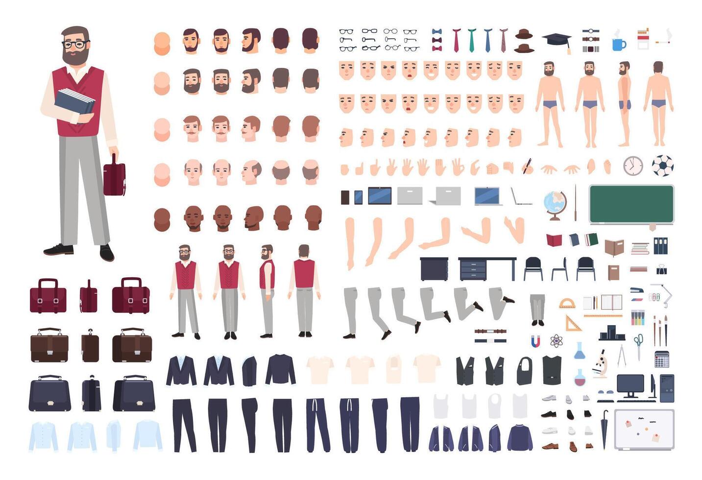 Male teacher constructor or DIY kit. Collection of teaching professor's body parts, hand gestures, clothing isolated on white background. Front, side and back views. Cartoon illustration. vector