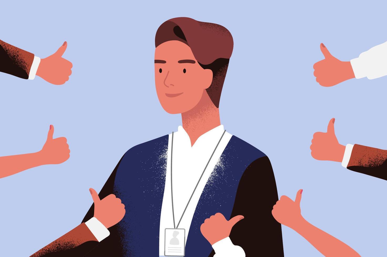 Smiling businessman or office worker surrounded by hands demonstrating thumbs up. Concept of professional acknowledgement, recognition, public approval and respect. Flat cartoon illustration vector