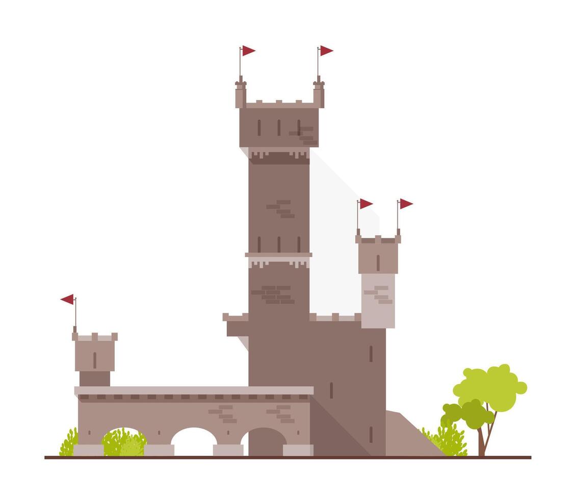 Ancient castle, fortress, citadel or stronghold with towers and arches isolated on white background. Stone building of beautiful medieval architecture. Flat cartoon colorful illustration. vector