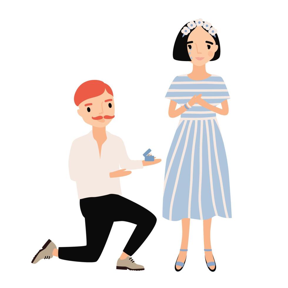 Man standing on one knee in front of woman and making her marriage proposal. Adorable young loving couple. Cute cartoon characters isolated on white background. Flat colorful illustration. vector