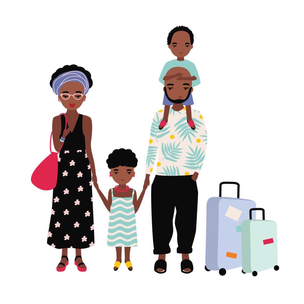 African American family on vacation. Mother, father and children traveling together. Man, woman and kids travelers with suitcases. Cartoon characters isolated on white background. illustration vector