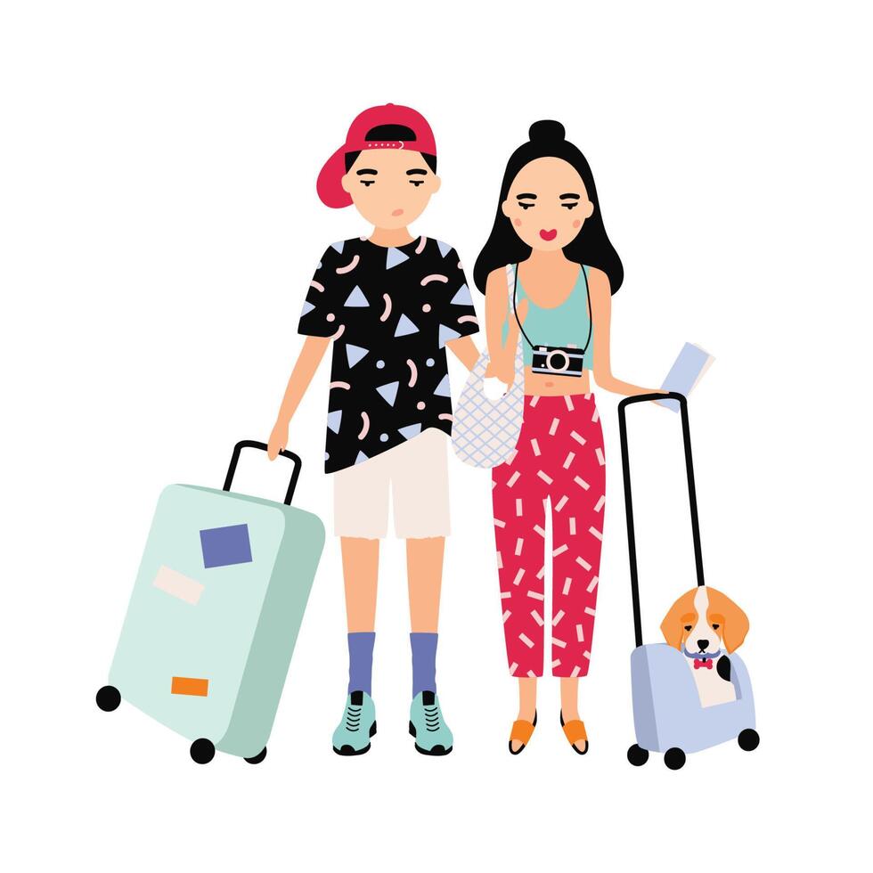Young male and female tourists dressed in trendy clothing standing together and holding suitcases. Traveling romantic couple. Cartoon characters isolated on white background. illustration vector
