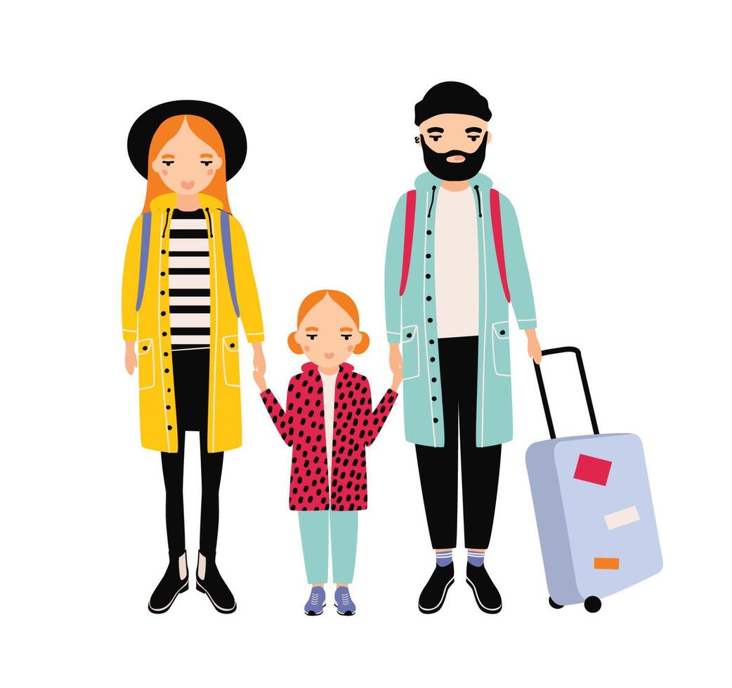 Young traveling family of mother, father and daughter. Mom, dad and child girl tourists with backpacks and suitcase. Smiling cartoon characters isolated on white background. illustration vector