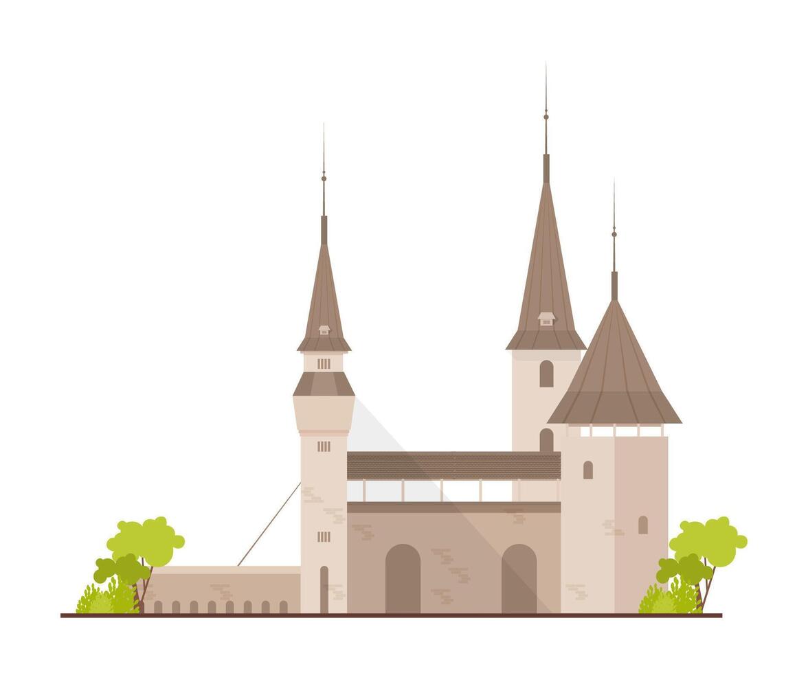 Old European castle, fortress or stronghold with towers and drawbridge isolated on white background. Royal residence of fantasy medieval architecture. Flat cartoon colorful illustration. vector