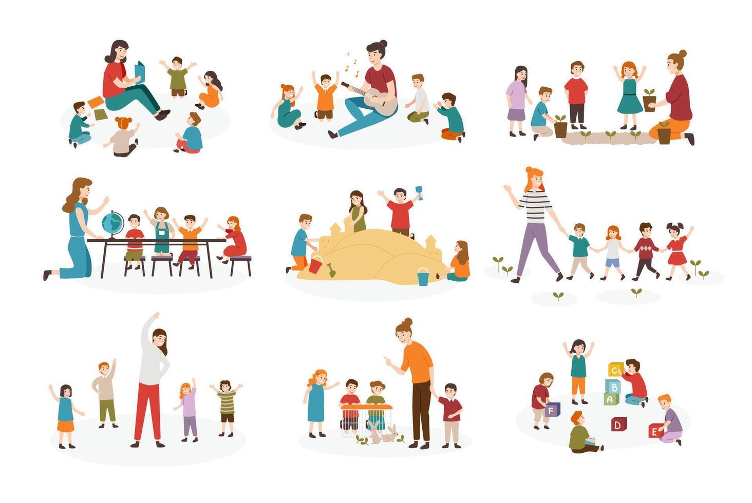 Bundle of preschool or kindergarten activities. Female teacher and children playing guitar and singing songs, reading book, walking, doing gymnastics exercise together. Cartoon illustration. vector