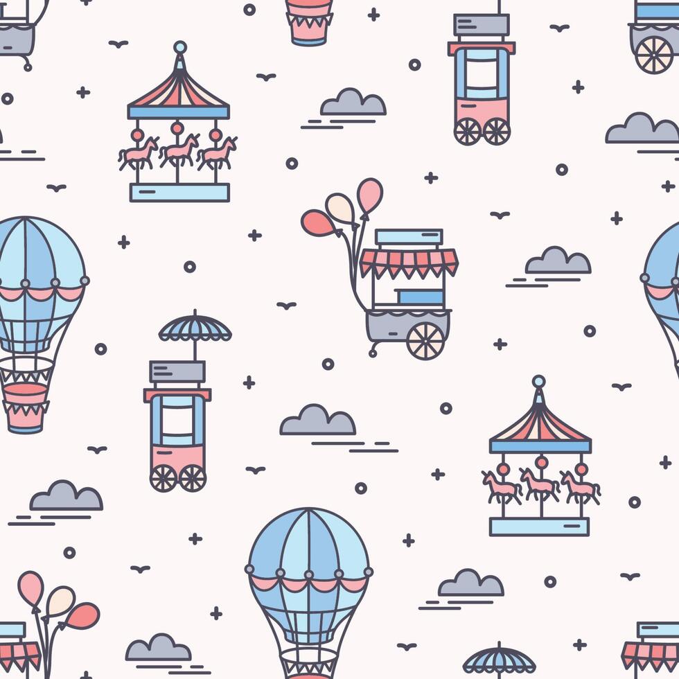 Seamless pattern with amusement park attractions. Backdrop with carousels, food carts and air balloons. Colorful illustration in line art style for wrapping paper, textile print, wallpaper vector