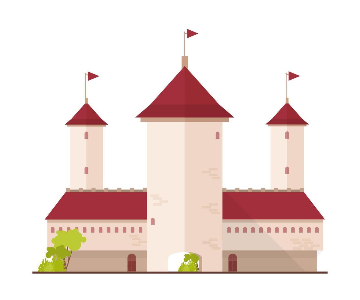 Fairytale castle, fortress or citadel with towers and gate isolated on white background. Facade of magic ancient royal residence or historical building. Flat cartoon colorful illustration. vector