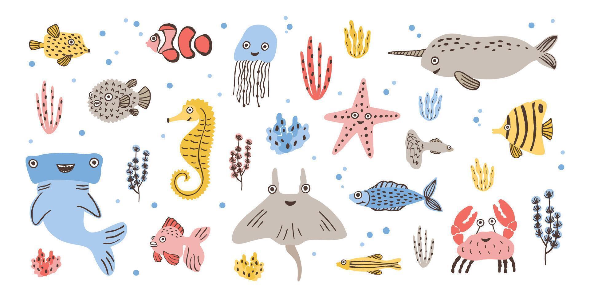 Bundle of happy adorable marine animals - narwhal, hammerhead, skate or ray, crab, fish, starfish and jellyfish isolated on white background. Sea and ocean fauna. Flat cartoon illustration. vector