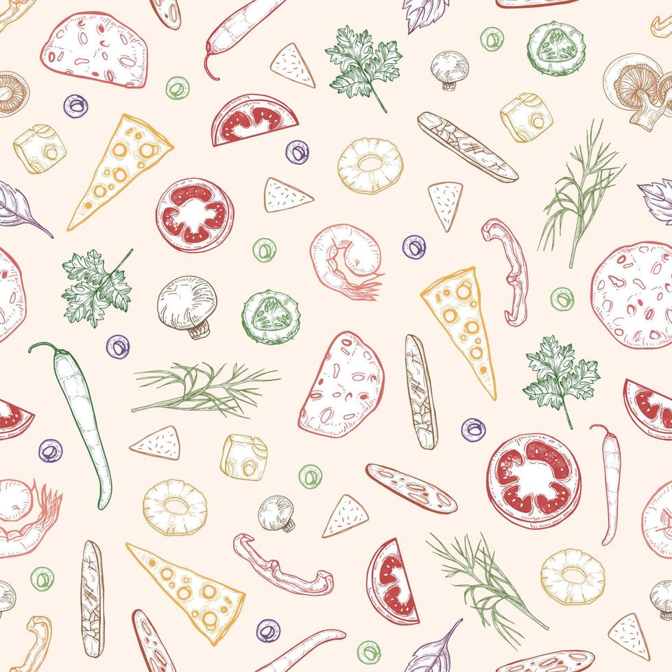 Seamless pattern with delicious pizza toppings or ingredients hand drawn with colorful contour lines on light background. Realistic illustration for wrapping paper, backdrop, fabric print vector