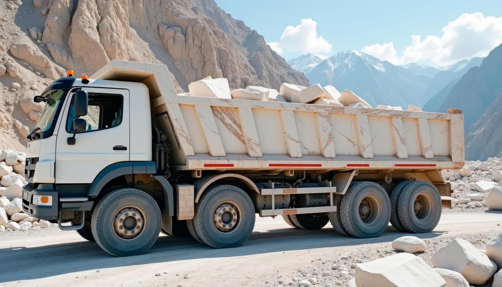 Truck transports white marble at a mining enterprise, mining photo