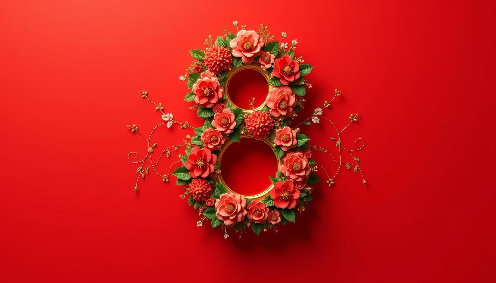 8 March. International Women's Day. Floral wreath on red background photo