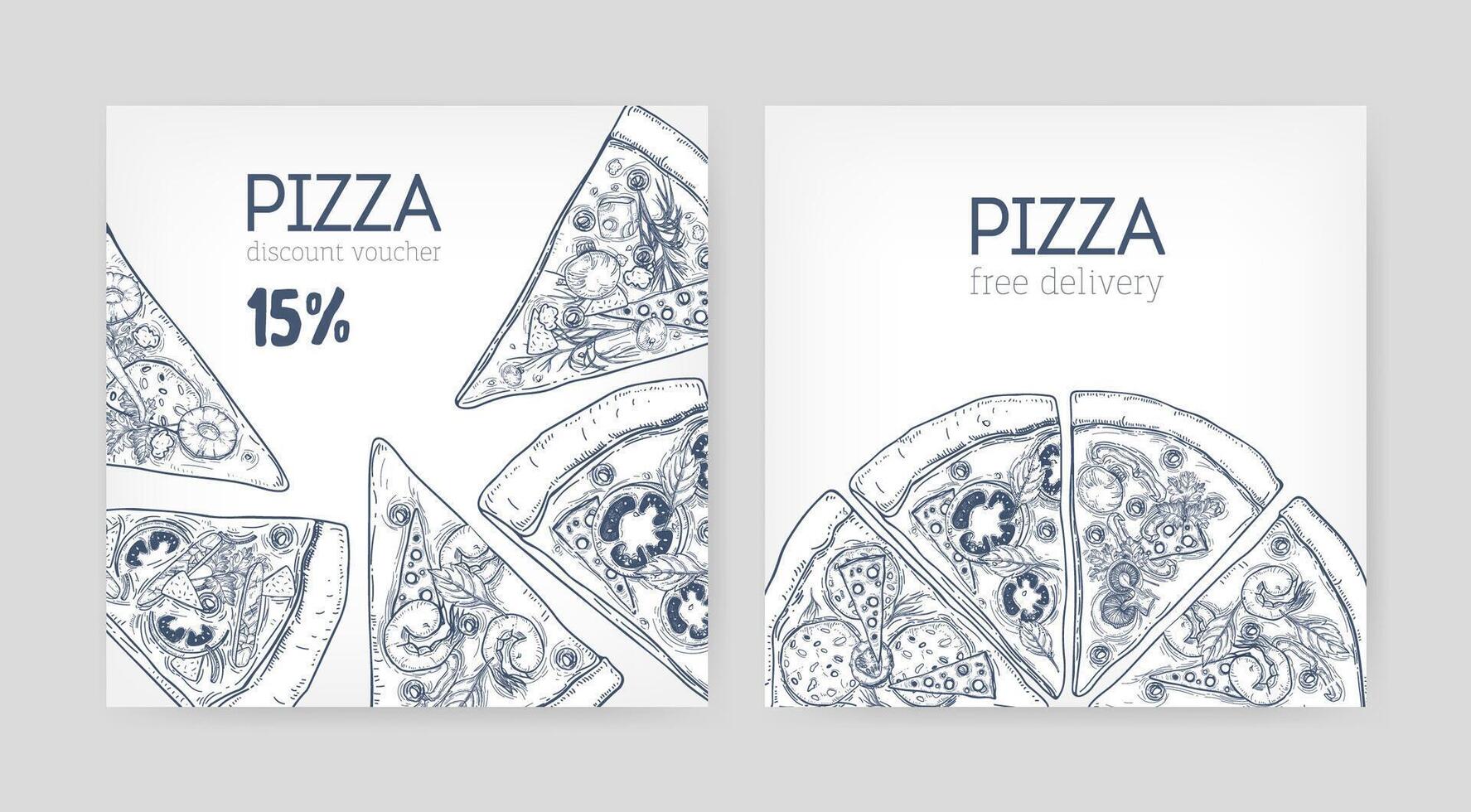Set of square promotional coupon or discount voucher templates with pizza hand drawn with contour lines on white background. Monochrome realistic illustration for pizzeria, Italian restaurant vector