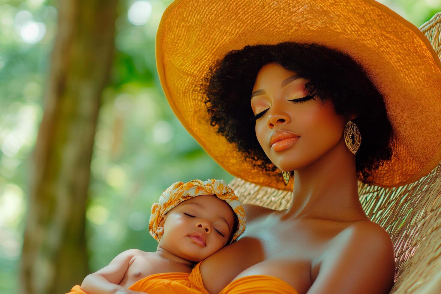 Beautiful african american mother with her newborn baby in a straw hat in summer, motherhood photo