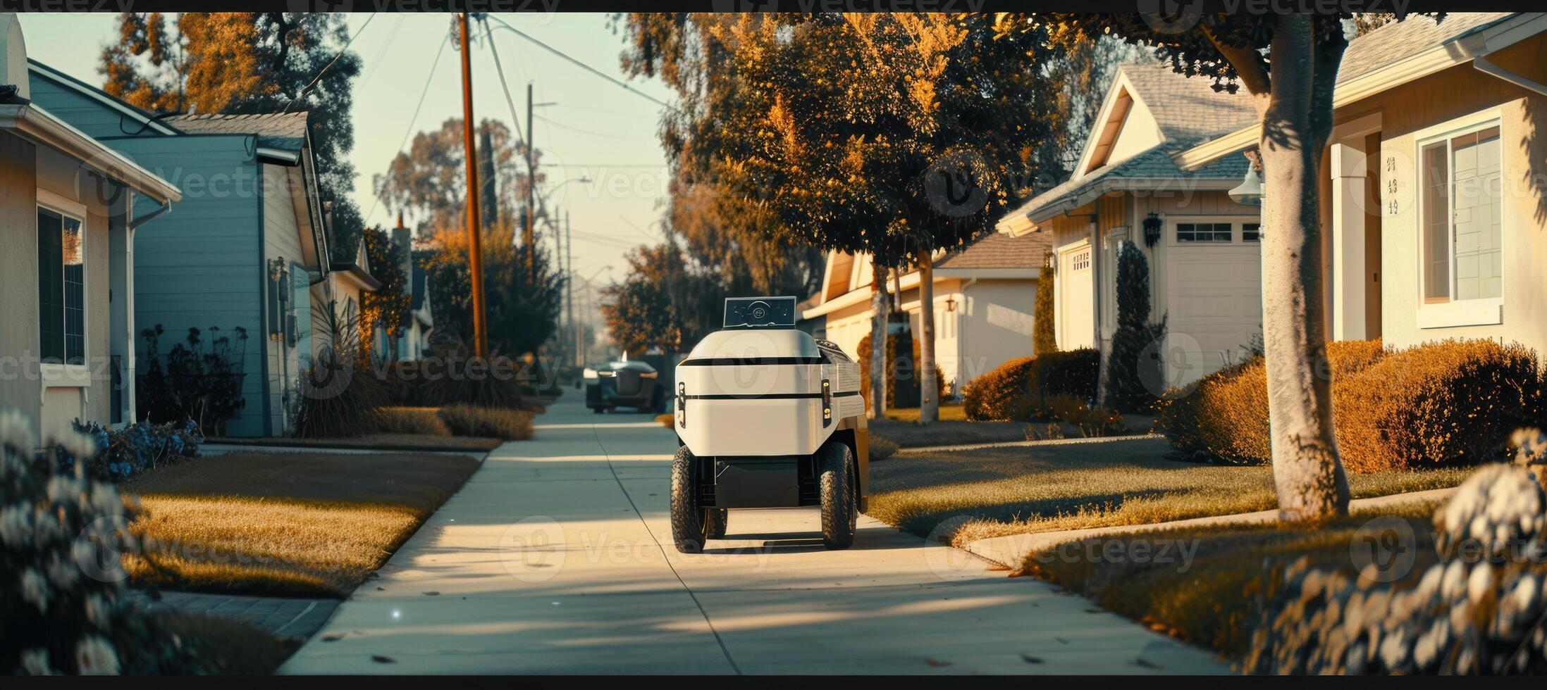 Autonomous Delivery Robot Approaching Home in Suburban Neighborhood Setting photo