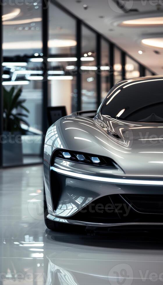 Luxury Electric Sports Car in a Modern Showroom. Design for Print, Poster, Card photo
