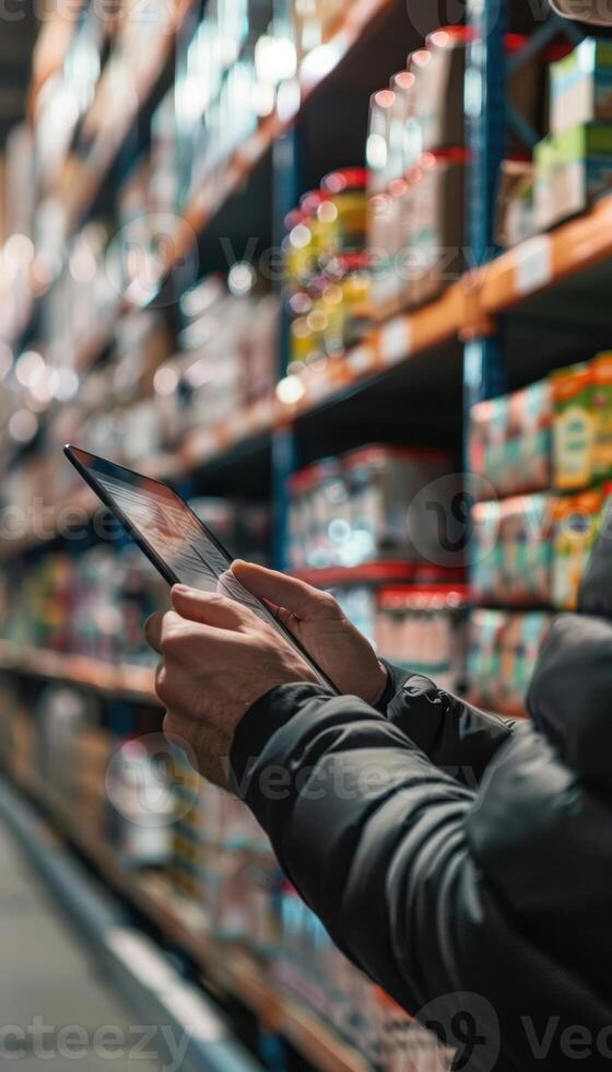 Inventory Management with Touchscreen Tablet in Organized Warehouse Environment photo
