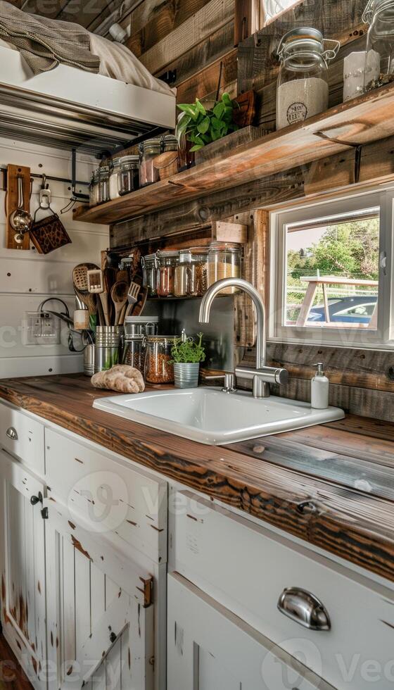 Sustainable Tiny Home Kitchen with Reclaimed Wood and Eco-Friendly Features photo