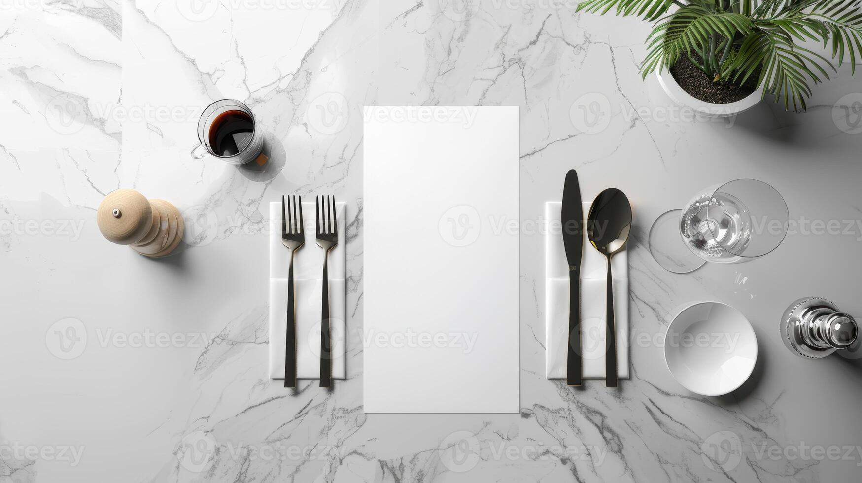 Elegant Double-Sided Menu Mockup for Fine Dining on Marble Table Setting photo