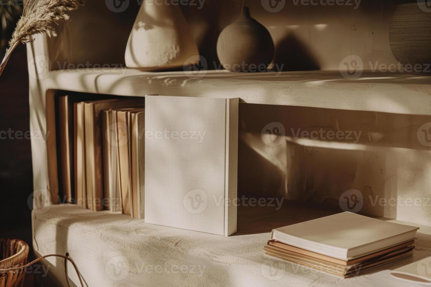 Minimalist Hardcover Book Mockup in Cozy Reading Nook with Soft Lighting and Elegant Design photo