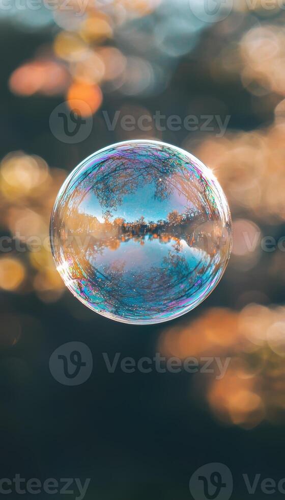 Iridescent Soap Bubble Floating in Sunlit Outdoor Setting photo