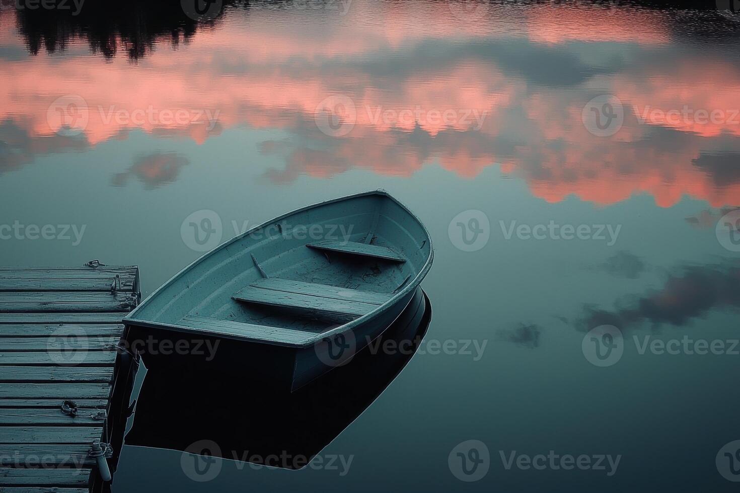 Tranquil Lakeside Dusk with Reflections and Solitary Boat Scenic Image for Wall Art or Decor photo