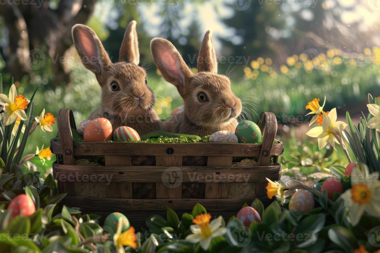 Easter Rabbits in Basket with Decorated Eggs and Daffodils, Soft Focus Garden Background photo