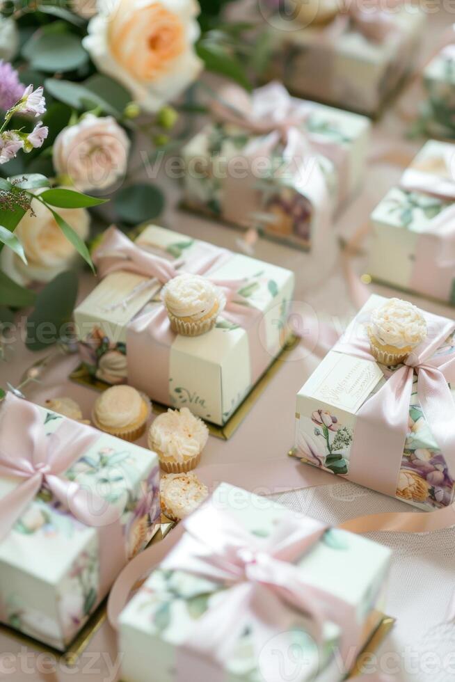 Elegant Wedding Favors with Floral Wrapped Mini Plum Cakes and Pastel Ribbon Gift Boxes photo