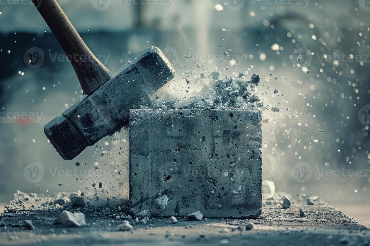 Forceful Impact. Sledgehammer Shattering Concrete at a Construction Site for Industrial Use photo