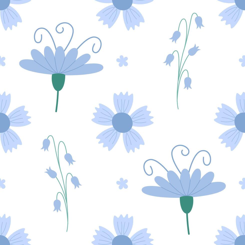 Seamless pattern of blooming spring, blue flowers. Illustration of endlessly repeating ornament. vector