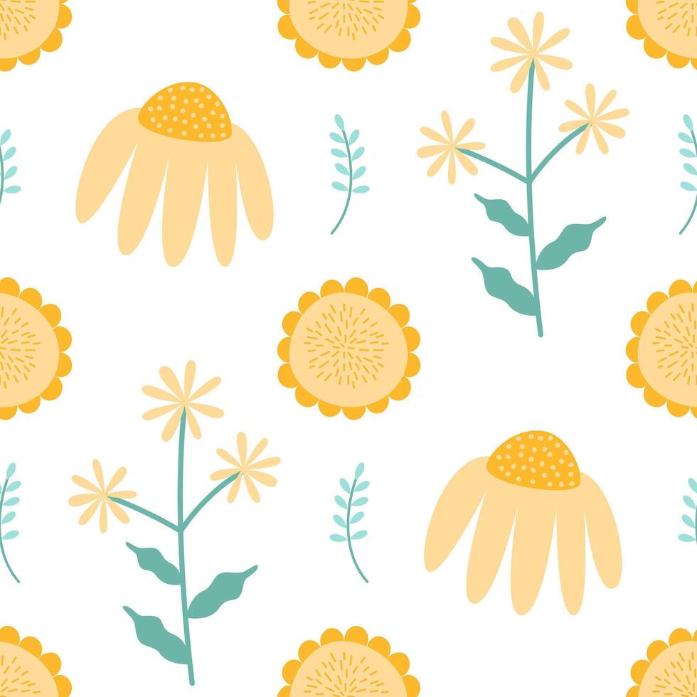 Seamless pattern of blooming summer flowers in yellow color. Illustration of endlessly repeating ornament. vector